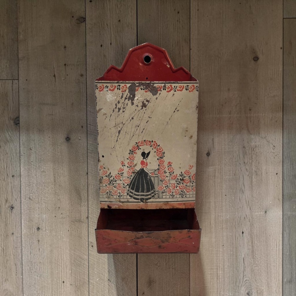 Vintage Litho Tin Wall Match Holder Silhouette Lady Rose Arbor Kitchen Decor Red